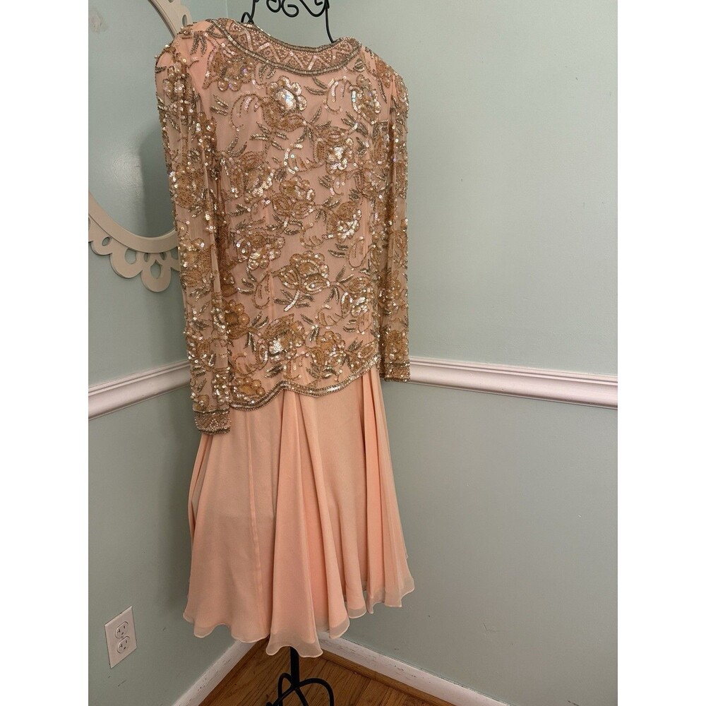 Black Tie Oleg Cassini beaded‎ sequin gown Midi Peach Formal 8 Flowy Glam